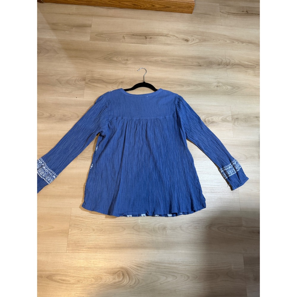 Lucky Brand Embroidered Peasant Top Blue L Womens Popover Boho Gauze Blouse - Picture 14 of 14